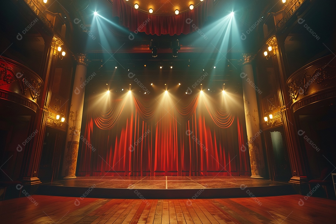 Palco do teatro com cortinas vermelhas e holofotes