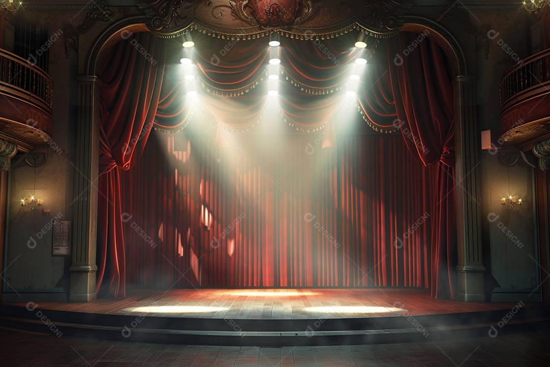 Palco do teatro com cortinas vermelhas e holofotes