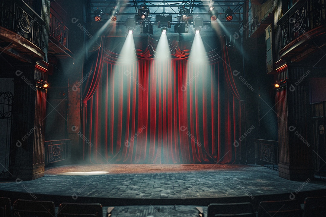 Palco do teatro com cortinas vermelhas e holofotes