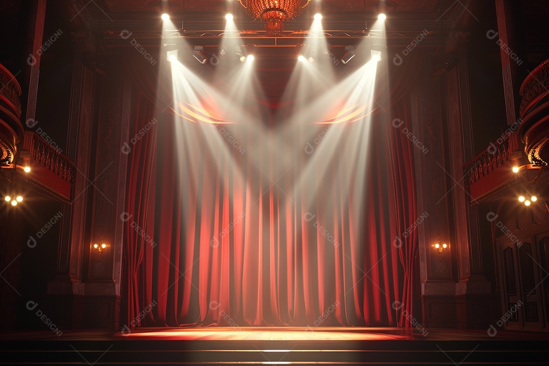 Palco do teatro com cortinas vermelhas e holofotes