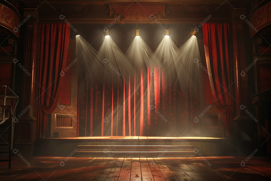 Palco do teatro com cortinas vermelhas e holofotes