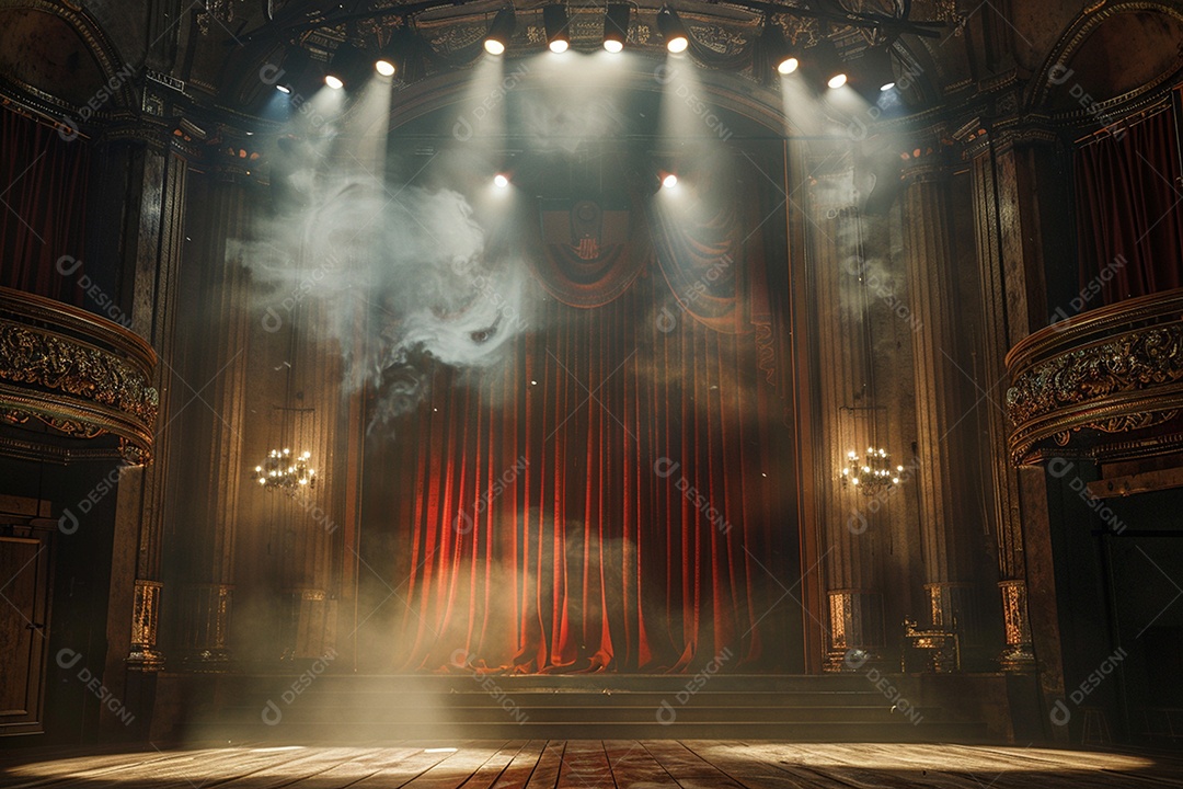 Palco do teatro com cortinas vermelhas e holofotes