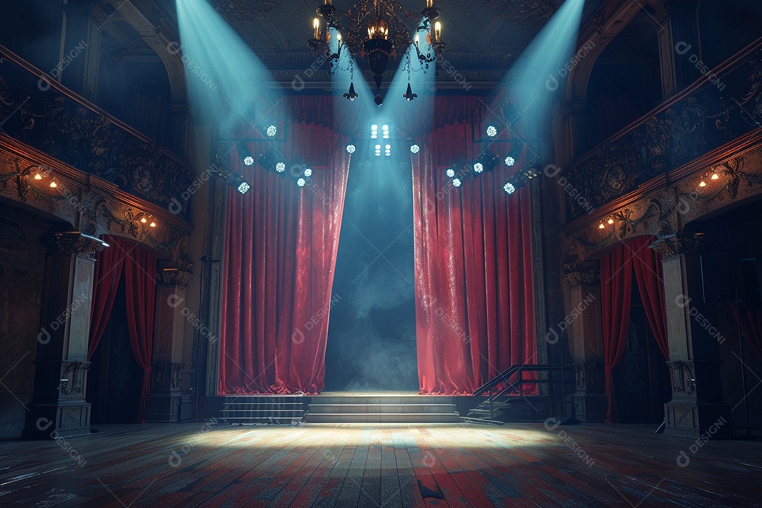 Palco do teatro com cortinas vermelhas e holofotes