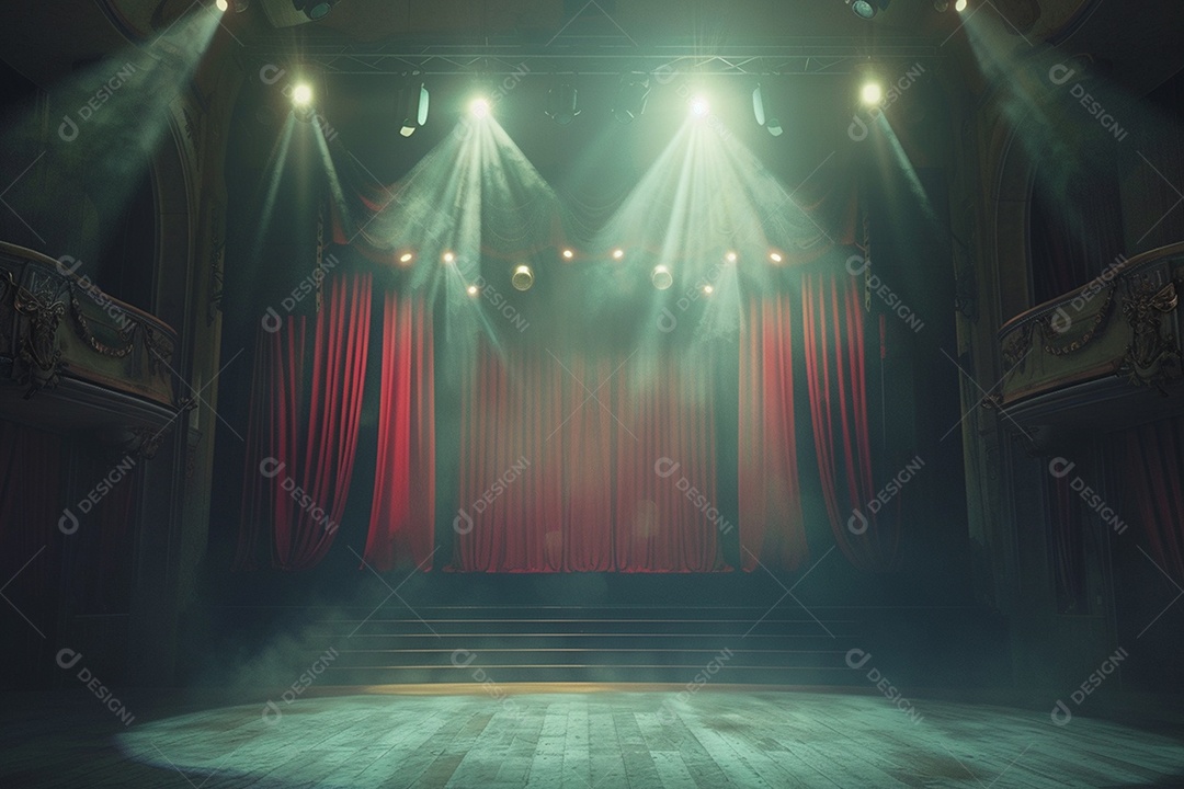 Palco do teatro com cortinas vermelhas e holofotes