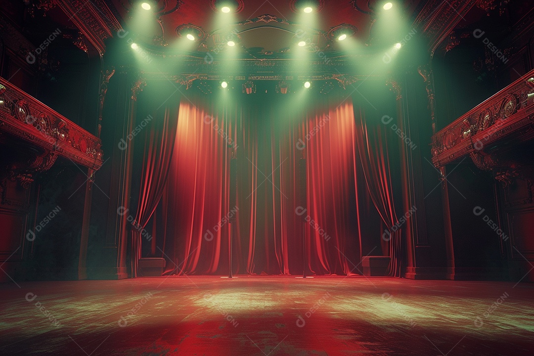 Palco do teatro com cortinas vermelhas e holofotes