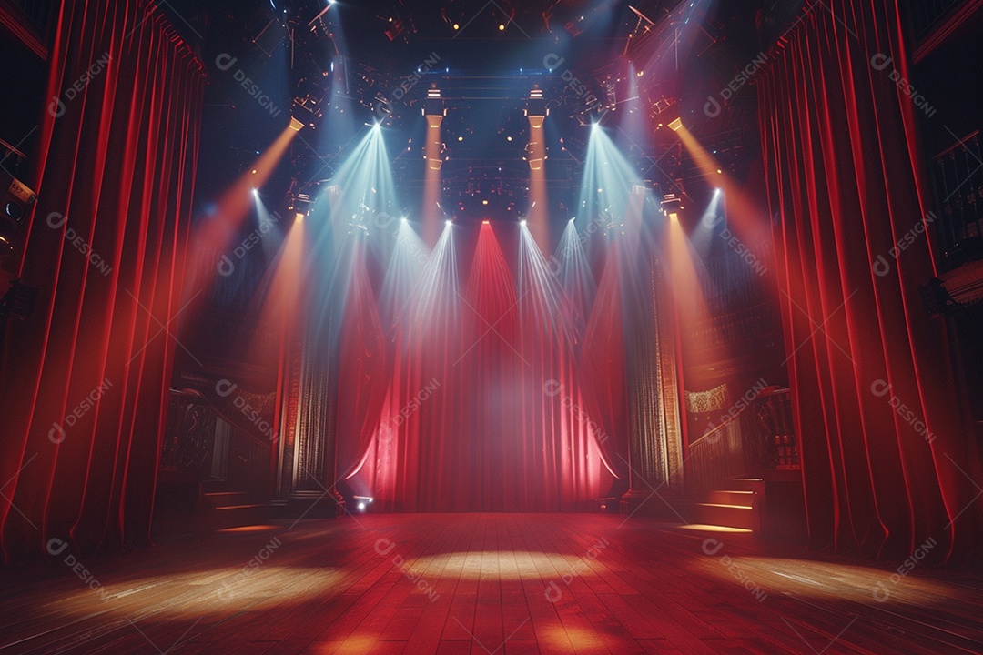 Palco do teatro com cortinas vermelhas e holofotes
