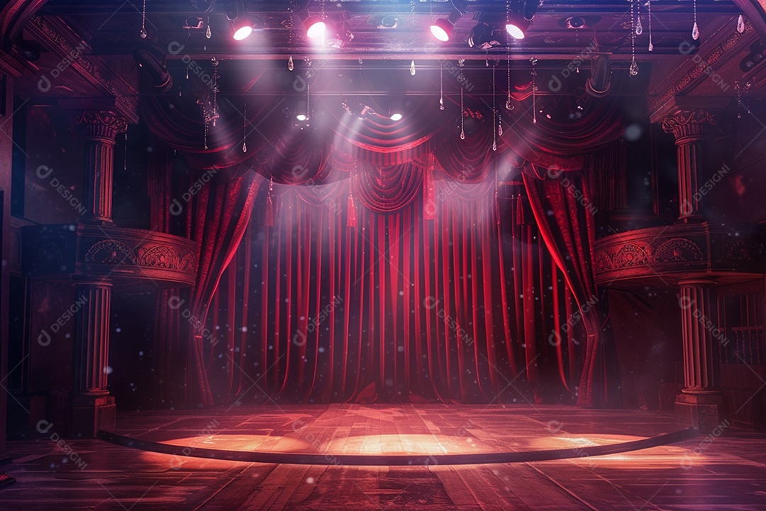 Palco do teatro com cortinas vermelhas e holofotes