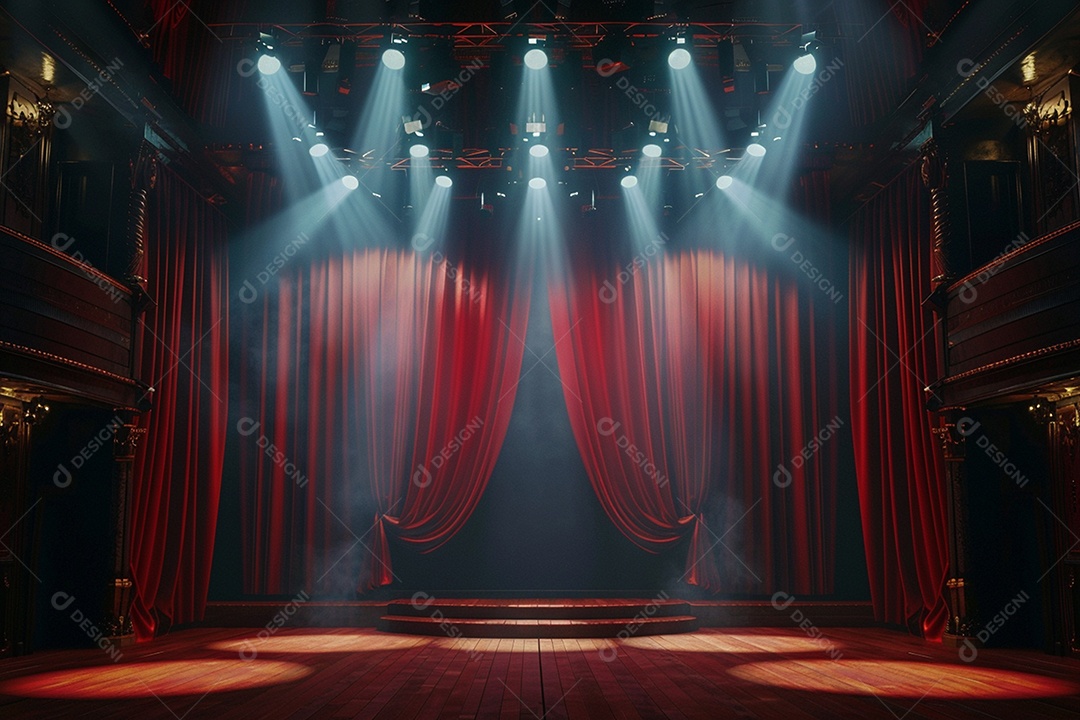 Palco do teatro com cortinas vermelhas e holofotes