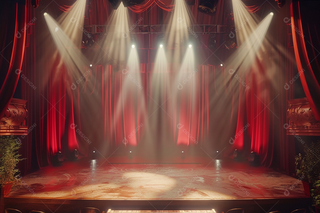 Palco do teatro com cortinas vermelhas e holofotes