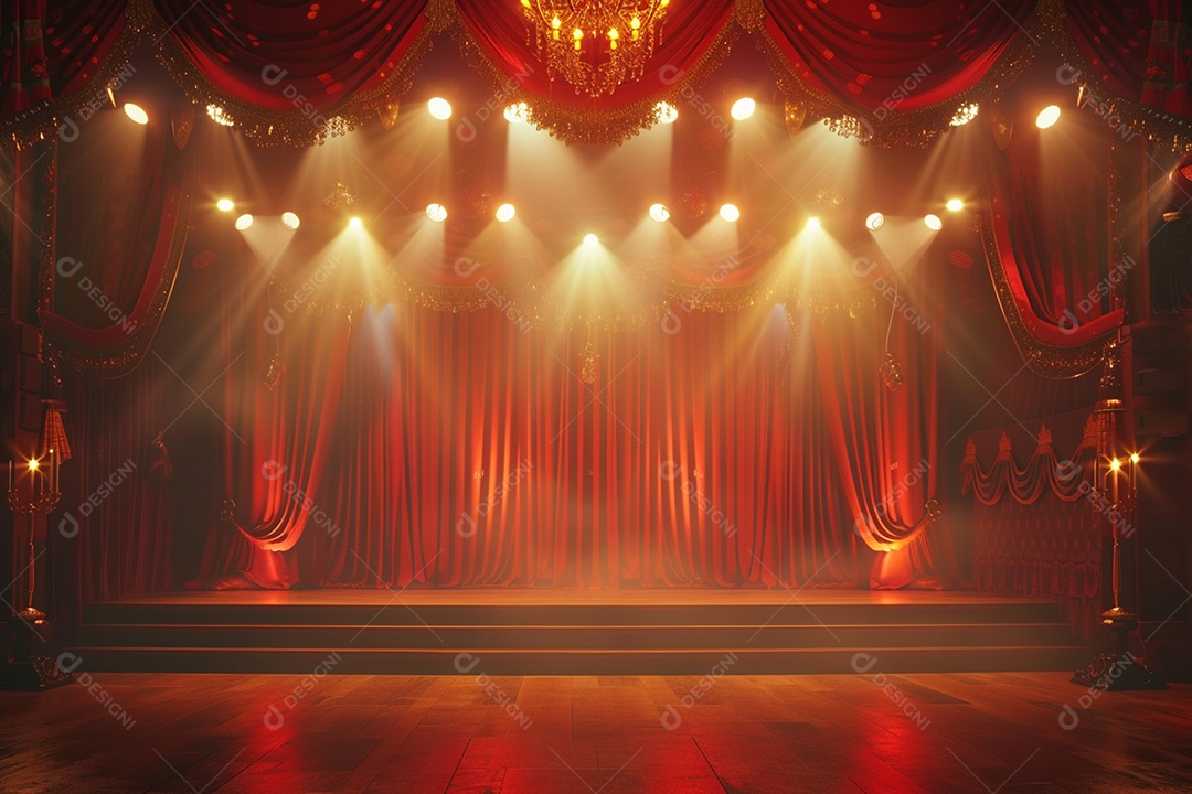 Palco do teatro com cortinas vermelhas e holofotes
