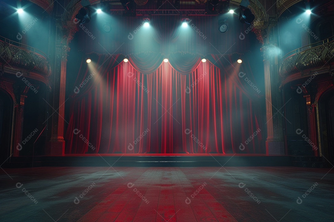 Palco do teatro com cortinas vermelhas e holofotes