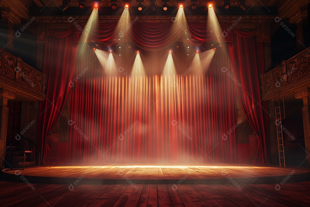 Palco do teatro com cortinas vermelhas e holofotes