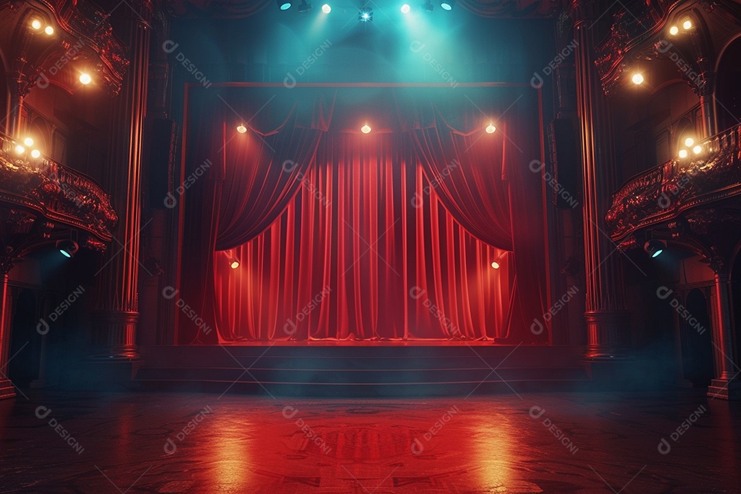 Palco do teatro com cortinas vermelhas e holofotes