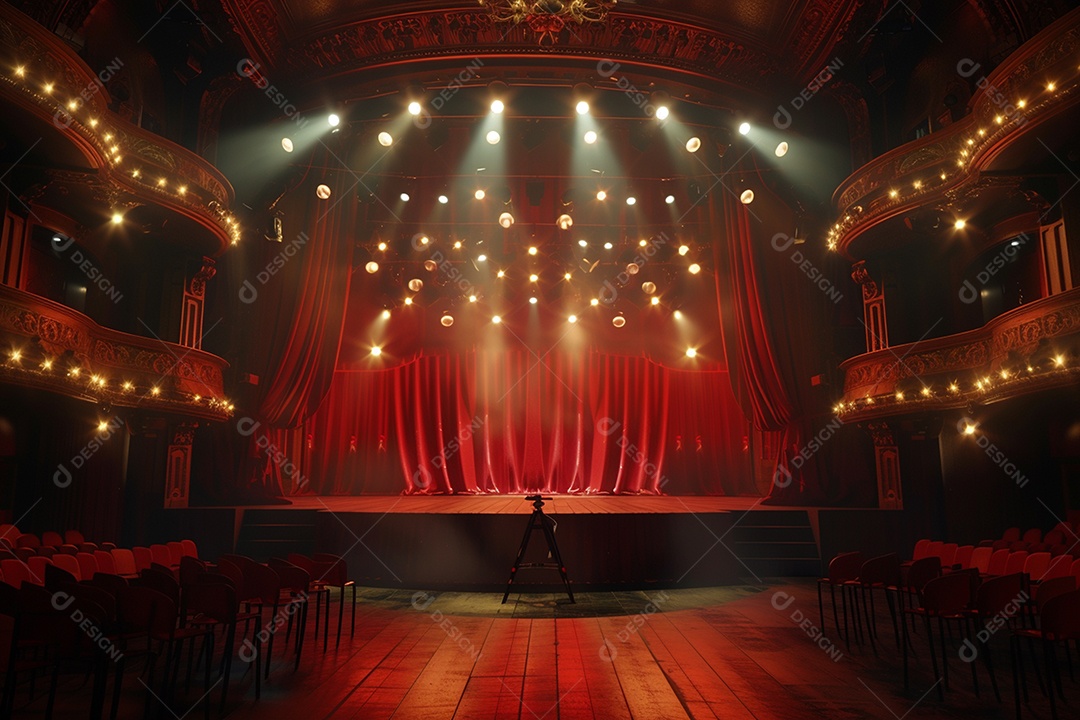 Palco do teatro com cortinas vermelhas e holofotes