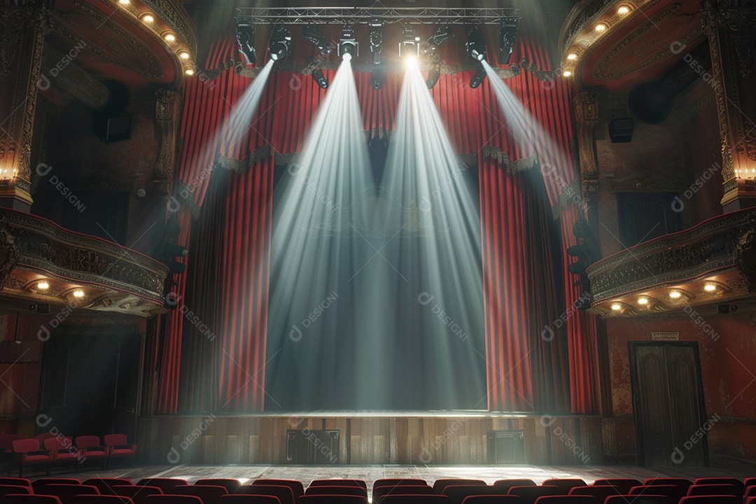 Palco do teatro com cortinas vermelhas e holofotes