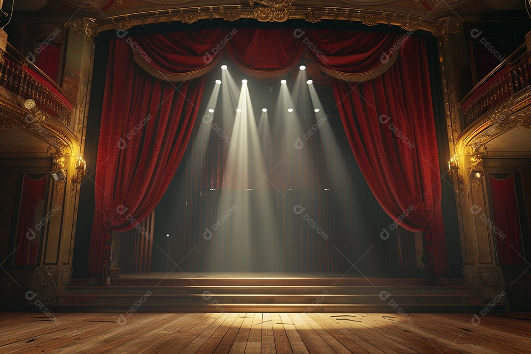 Palco do teatro com cortinas vermelhas e holofotes