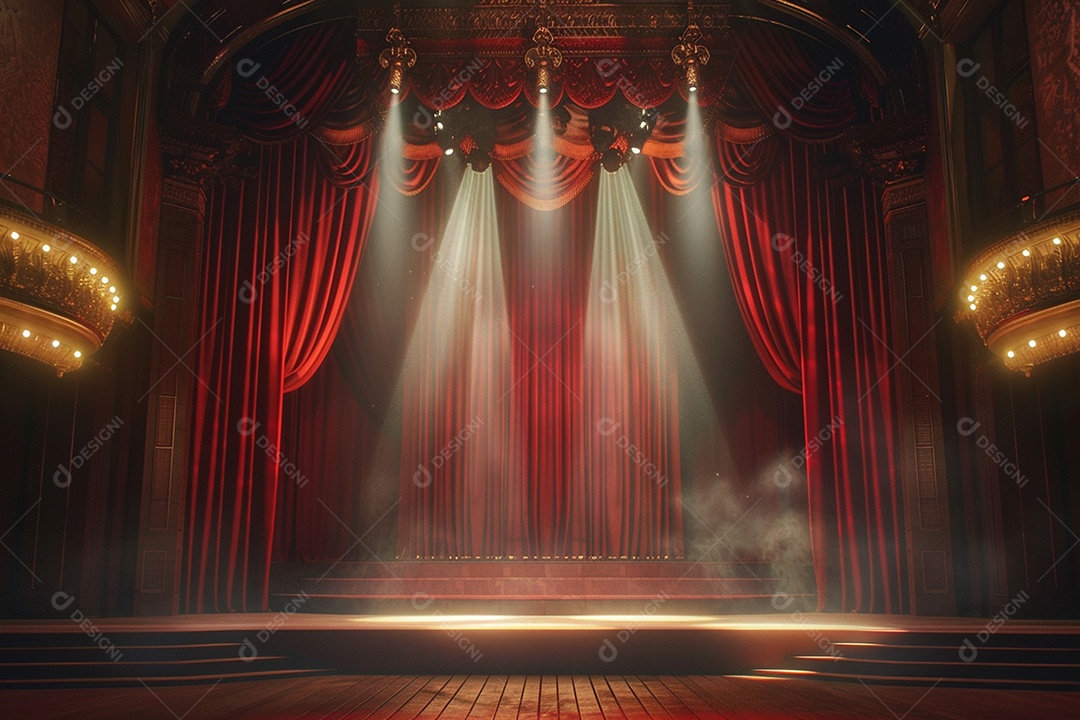 Palco do teatro com cortinas vermelhas e holofotes