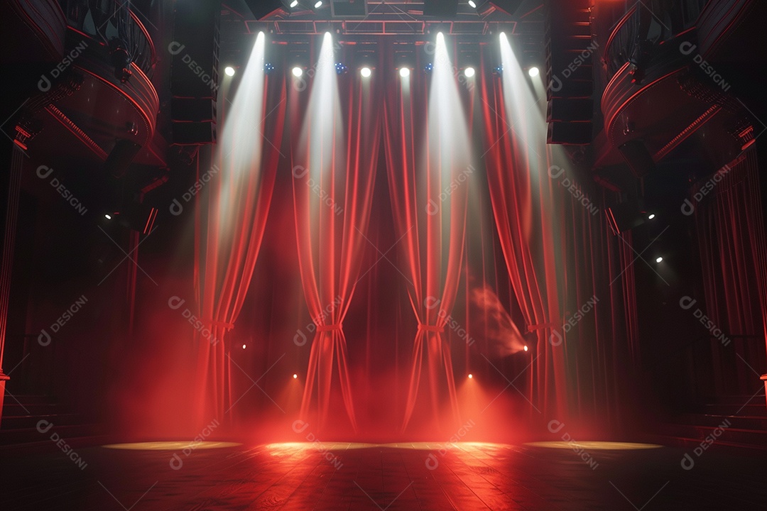 Palco do teatro com cortinas vermelhas e holofotes