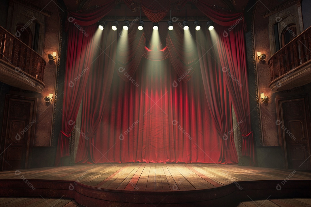 Palco do teatro com cortinas vermelhas e holofotes