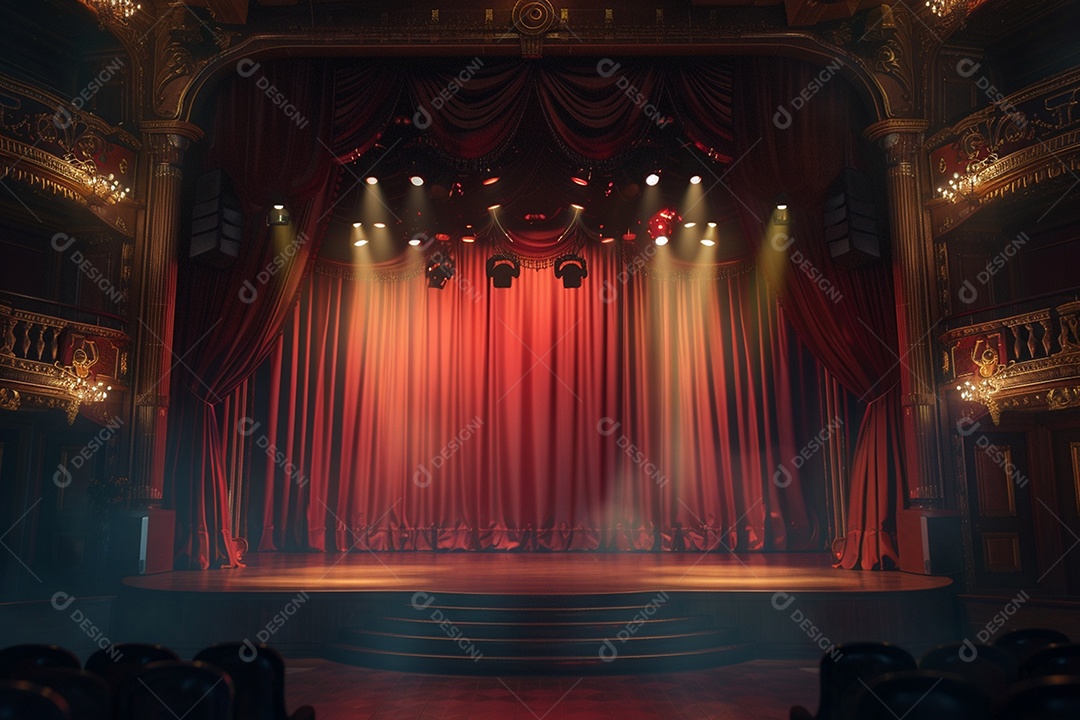 Palco do teatro com cortinas vermelhas e holofotes