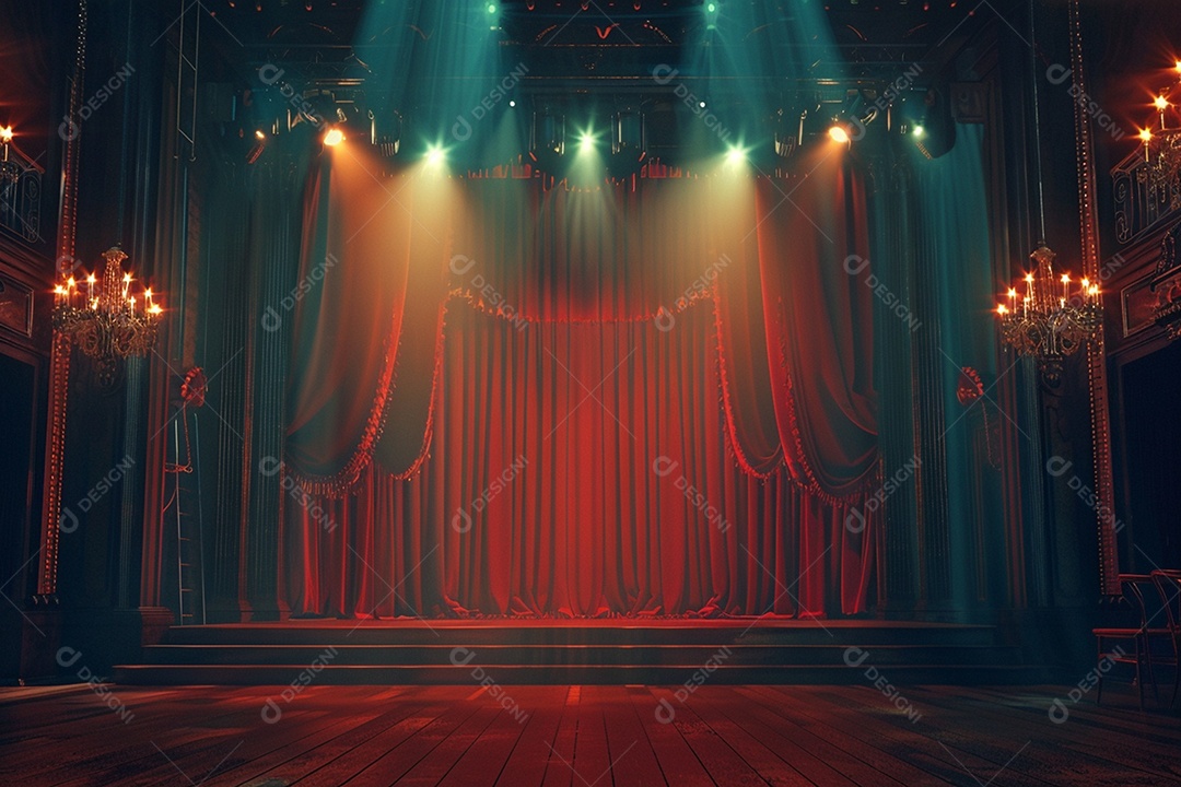 Palco do teatro com cortinas vermelhas e holofotes