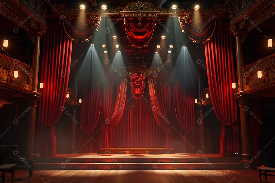 Palco do teatro com cortinas vermelhas e holofotes