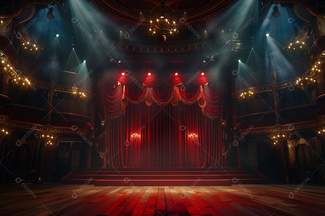 Palco do teatro com cortinas vermelhas e holofotes