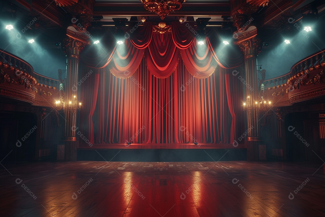 Palco do teatro com cortinas vermelhas e holofotes