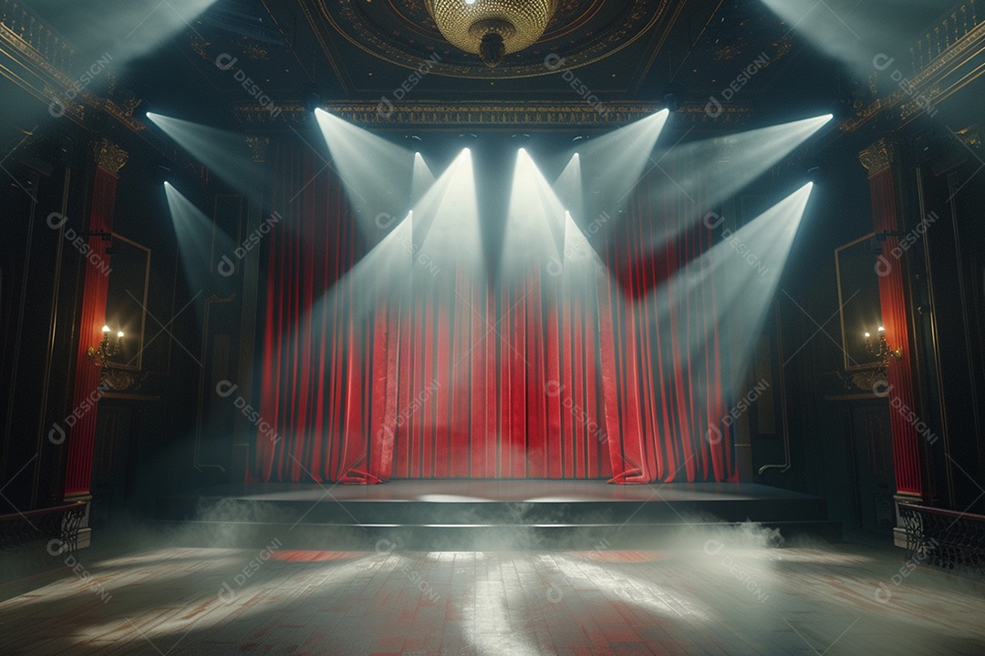 Palco do teatro com cortinas vermelhas e holofotes
