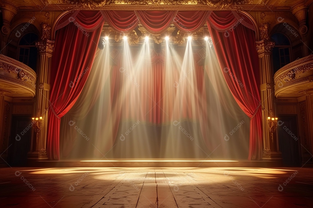 Palco do teatro com cortinas vermelhas e holofotes