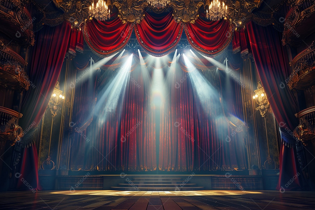 Palco do teatro com cortinas vermelhas e holofotes