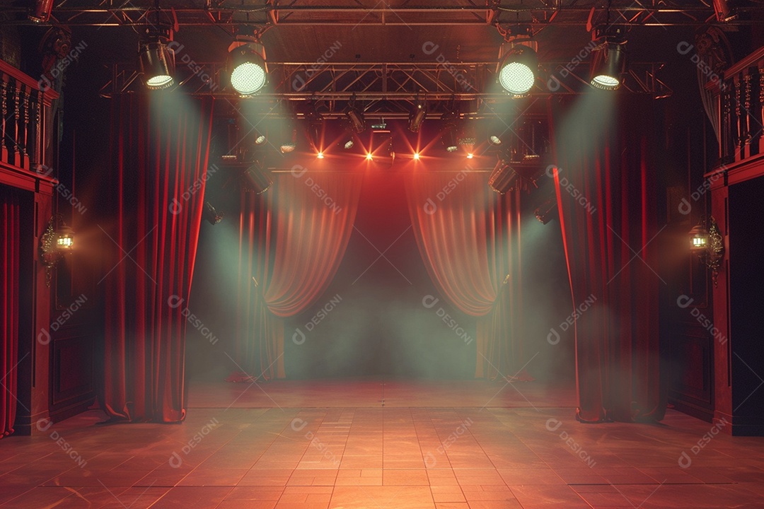 Palco do teatro com cortinas vermelhas e holofotes