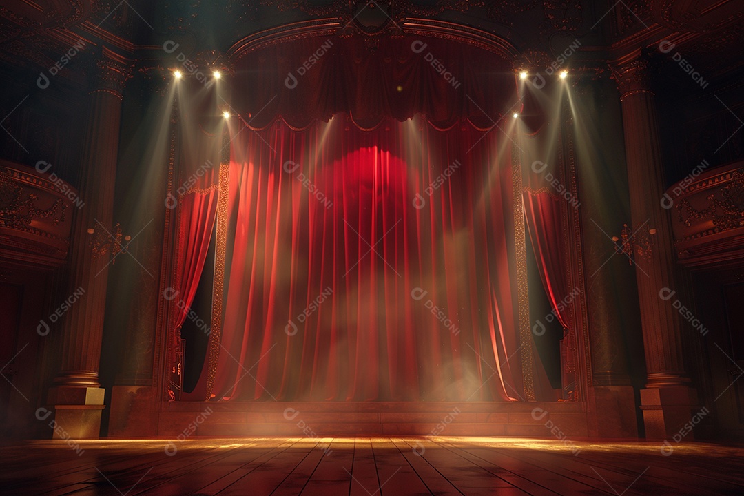 Palco do teatro com cortinas vermelhas e holofotes