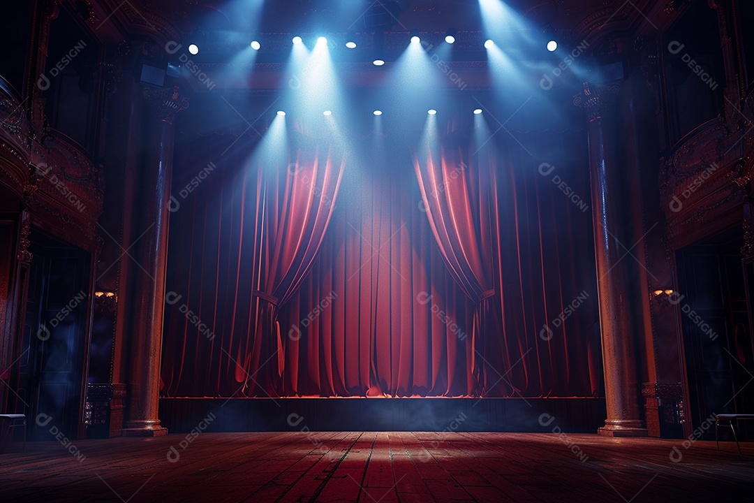 Palco do teatro com cortinas vermelhas e holofotes