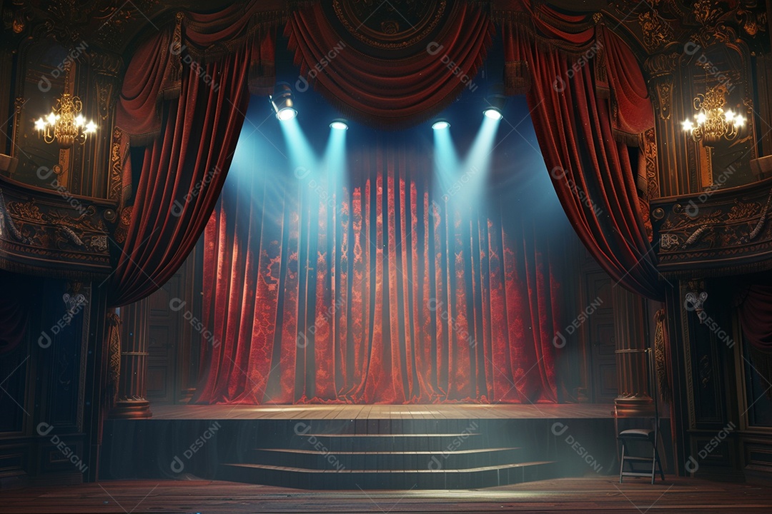 Palco do teatro com cortinas vermelhas e holofotes
