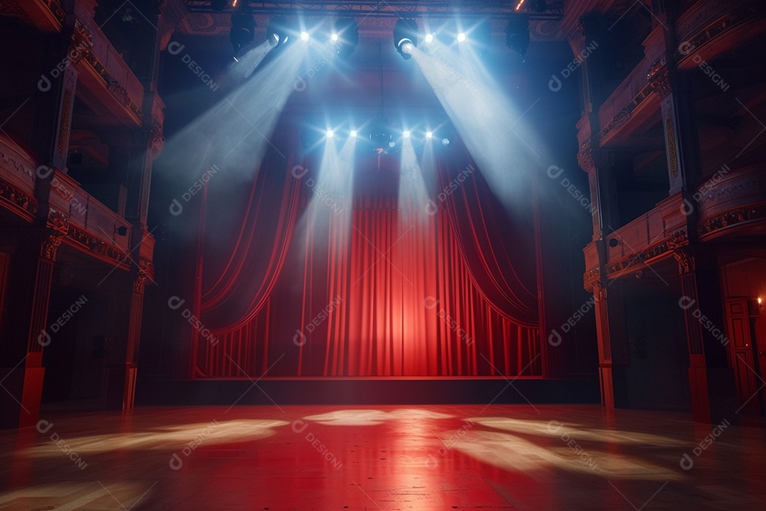 Palco do teatro com cortinas vermelhas e holofotes