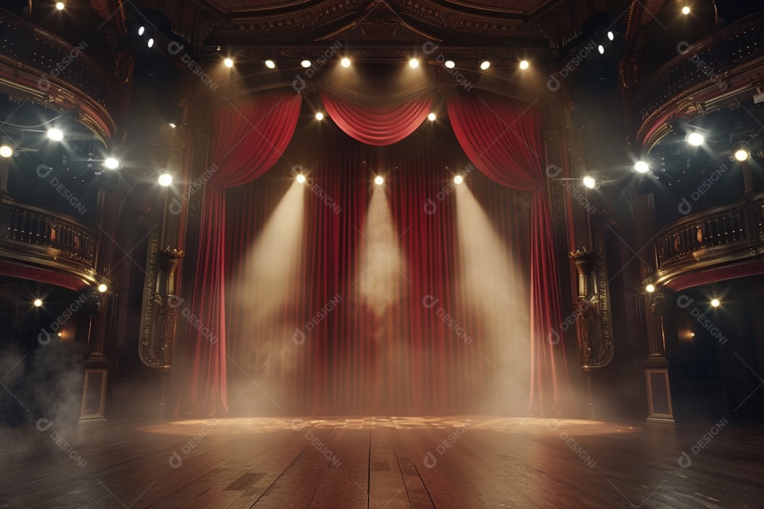 Palco do teatro com cortinas vermelhas e holofotes