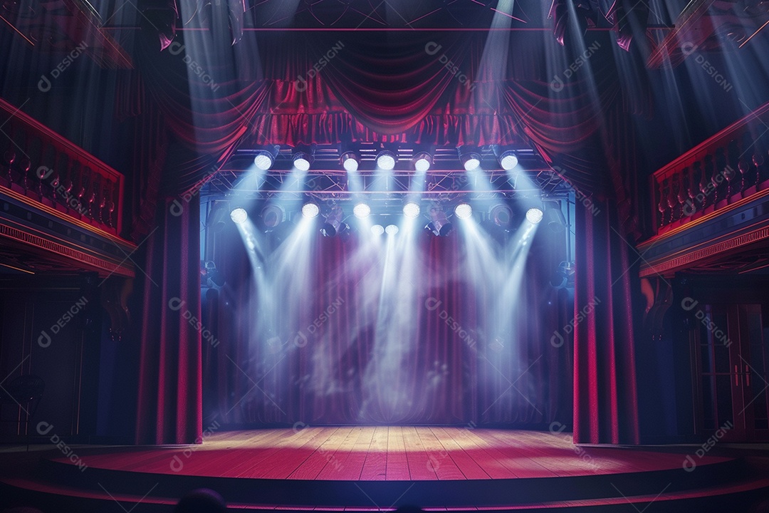 Palco do teatro com cortinas vermelhas e holofotes