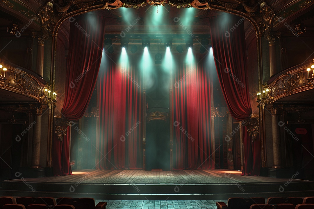 Palco do teatro com cortinas vermelhas e holofotes