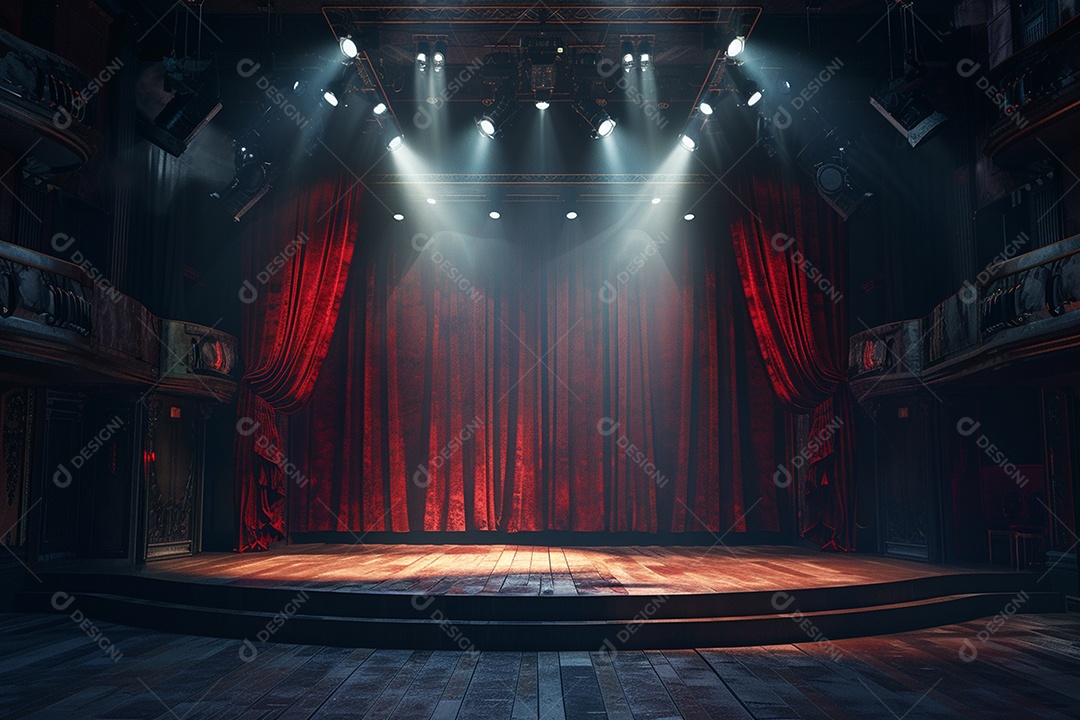Palco do teatro com cortinas vermelhas e holofotes