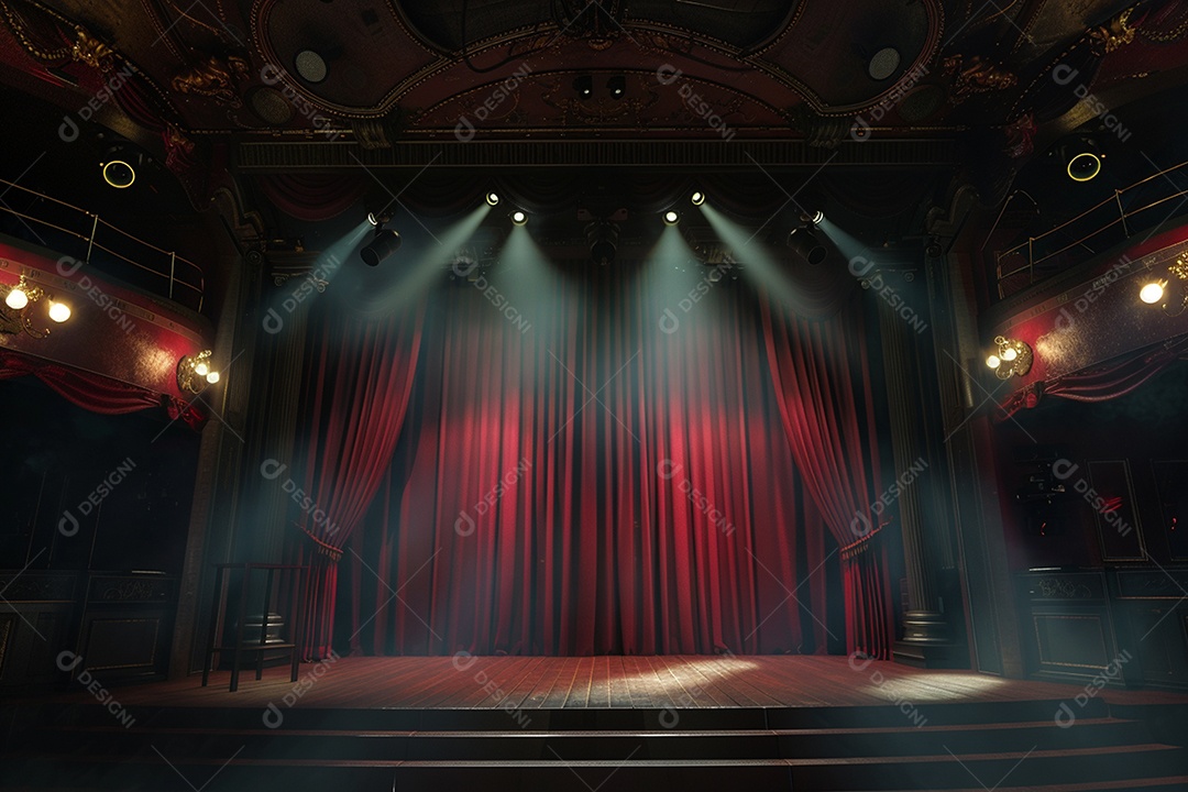 Palco do teatro com cortinas vermelhas e holofotes