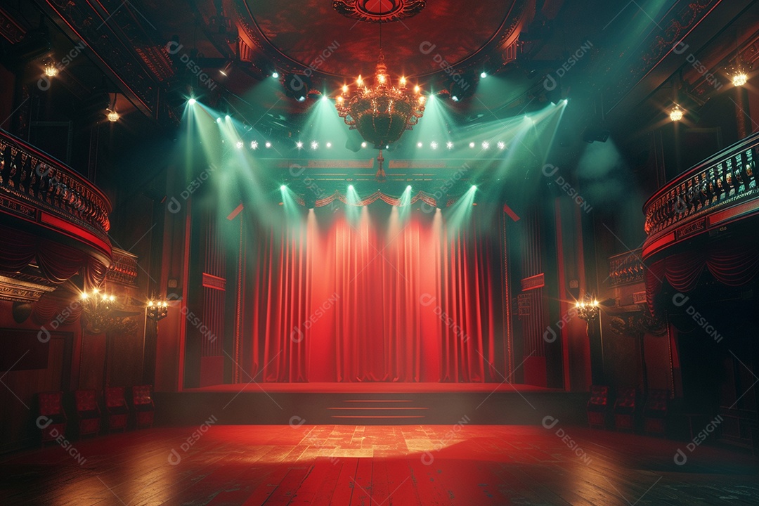 Palco do teatro com cortinas vermelhas e holofotes