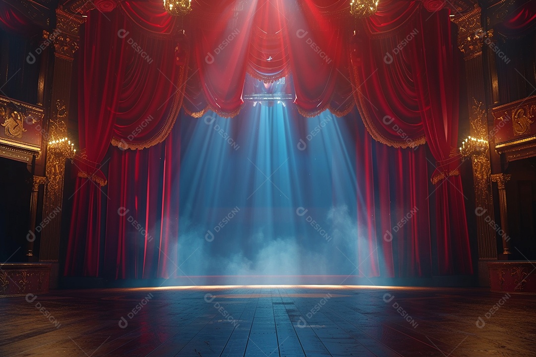 Palco do teatro com cortinas vermelhas e holofotes