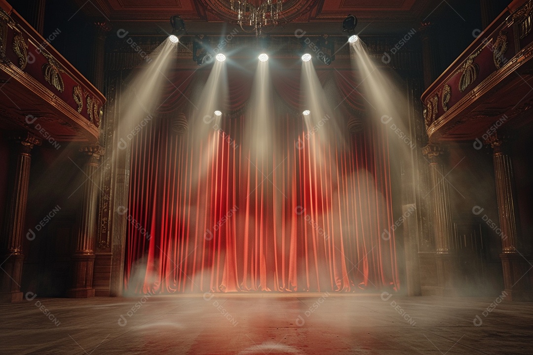 Palco do teatro com cortinas vermelhas e holofotes