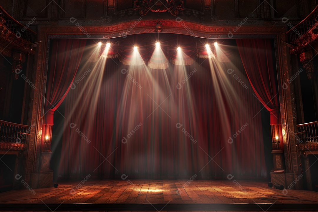 Palco do teatro com cortinas vermelhas e holofotes