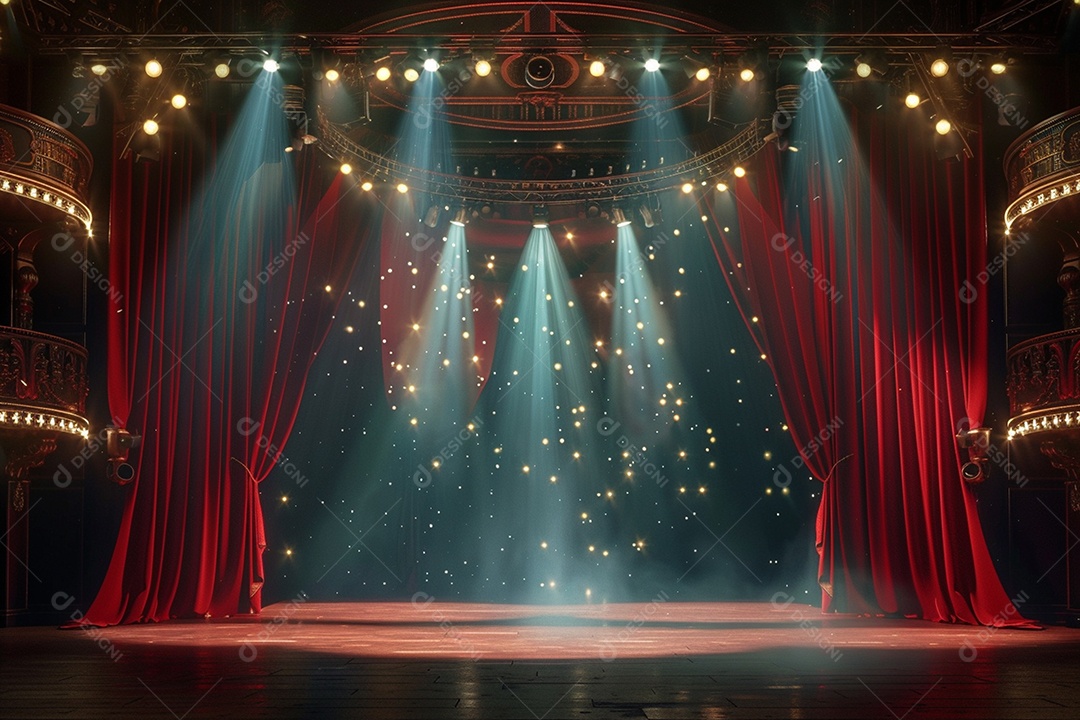 Palco do teatro com cortinas vermelhas e holofotes