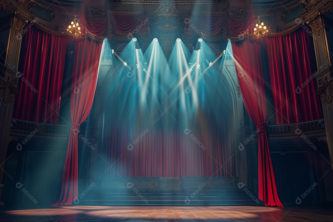 Palco do teatro com cortinas vermelhas e holofotes