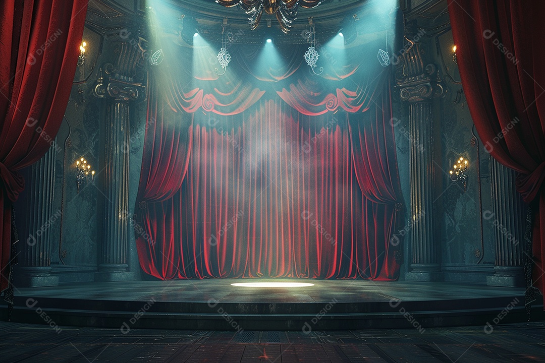 Palco do teatro com cortinas vermelhas e holofotes