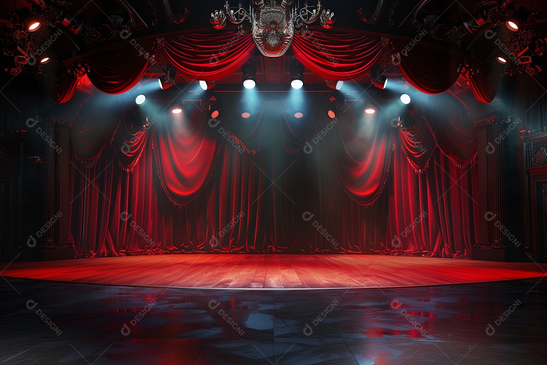 Palco do teatro com cortinas vermelhas e holofotes