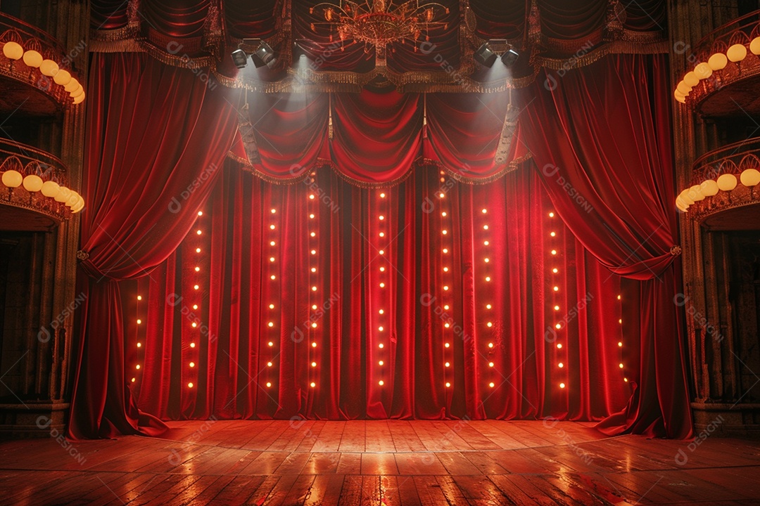 Palco do teatro com cortinas vermelhas e holofotes